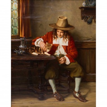 SCHRÖDER, J. SCHRÖDER, J. (Maler des 20. Jh., tätig in München), "Herr mit Katze im Stubeninterieur",