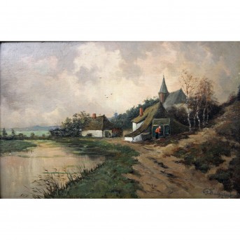FUGGENBACH, G. (19th/20th century painter), "Autumn river landscape with small church and two houses on the bank",
