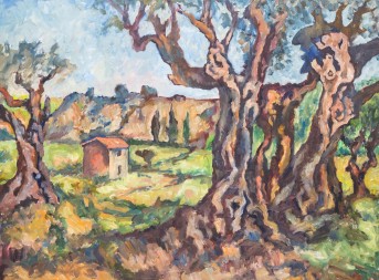 KONZELMANN, DIETER (1938-2015, artist in Marbach), 'Landscap with old oliv-trees',