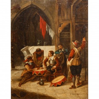 MANZANI, V. (Italien. Historismusmaler 19. Jh.), "Landsknechte beim Würfelspiel im Burgkeller",