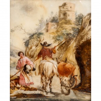 BACKGROUND PAINTER Augsburg 18th/19th c., "Shepherds by the river",