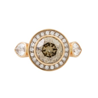 Juwelenring, bes. mit 1 Brillant 3,52 cts. NATURAL FANCY BROWN u. 2 Diamant-Tropfen