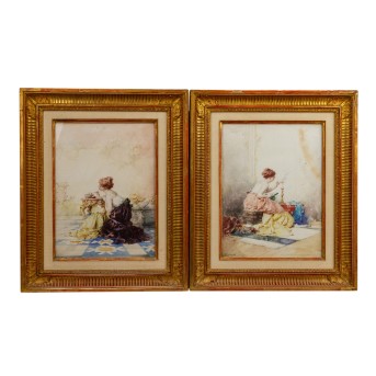 DE BEAUMONT, EDOUARD (1812-1888), Pair of watercolors 'Galant Ladies'