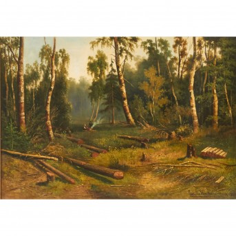 HACKENSÖLLNER, CAMILLO (1860-?), 'Campfire in a forest clearing',