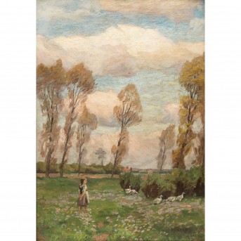 LUCAS, WILHELM (1884-1918) "Gänsemagd auf Blumenwiese"