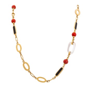 Link chain, set with onyx plates, plastic eyelets and coral ball.
