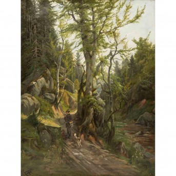 GEBHARDT, C. ? (painter 19th/20th c.), 'Hunter with two dogs on the way in the mountain forest',