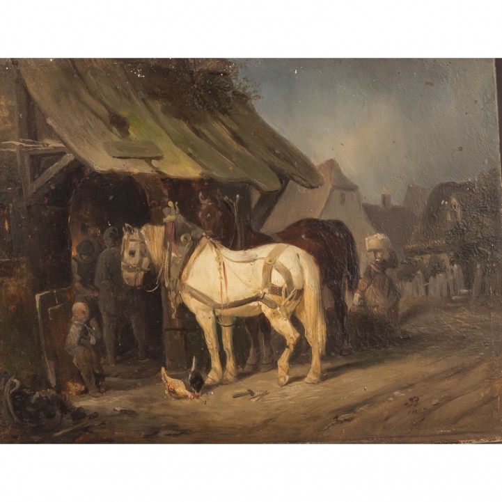 BRAUN, Reinhold, ATTRIBUIERT (1821-1884), "Pferde vor der Schmiede", 