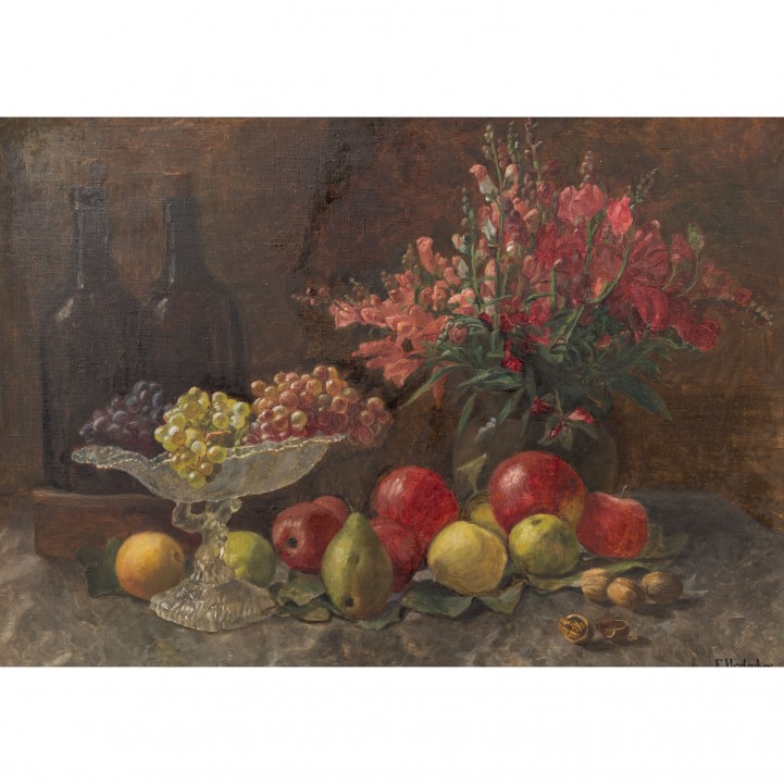 HORLACHER, EMMA (tätig um 1882-1894), 'Stillleben mit Sommerstrauß in Vase und Früchten', 