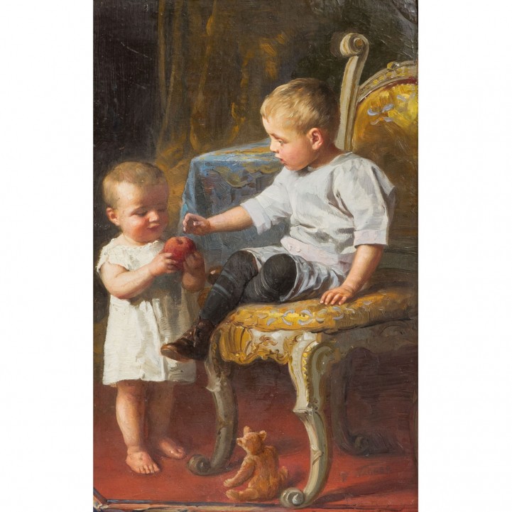 WAGNER, P. wohl PAUL (1864-?), "Zwei Kinder mit Apfel und Bär", 