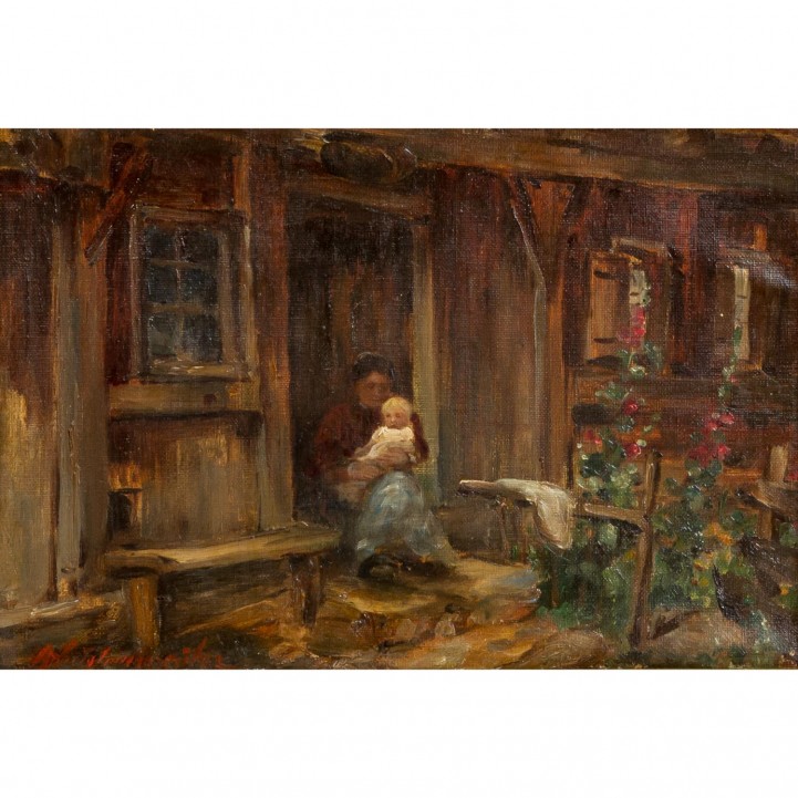 KOTSCHENREITER, G. HUGO (1854-1908), "Junge Mutter mit Kind in der Tür eines Hauses", 