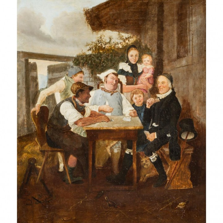 PFLUG, Johann Baptist, UMKREIS (J.B.P.: 1785-1865), "Kartenspieler vor dem Haus", 
