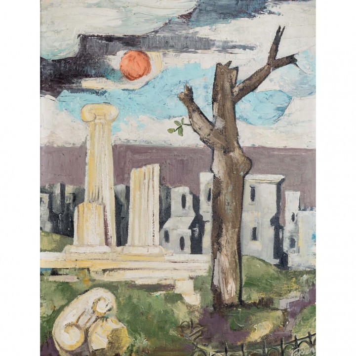 HECKER VERSIEN, GEORG (Maler des 20. Jh.), "Landschaft mit Tempelruinen am Rande der Stadt", 