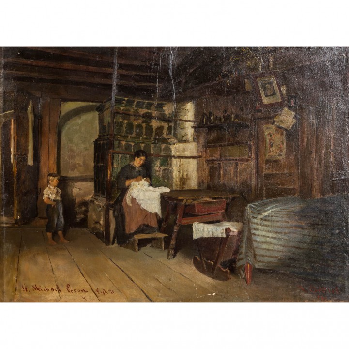 ORTLIEB, FRIEDRICH (Stuttgart 1839-1909 München), "Junge Frau mit Knaben in der Stube", 