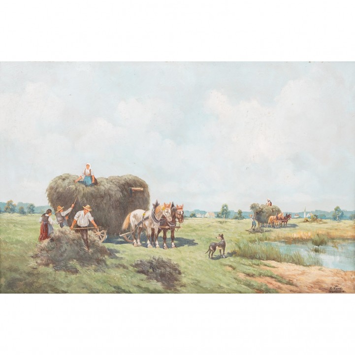 ROHRHIRSCH, KARL (1875-1954) 'Bauern beim Beladen eines Pferdewagens mit Heu'  