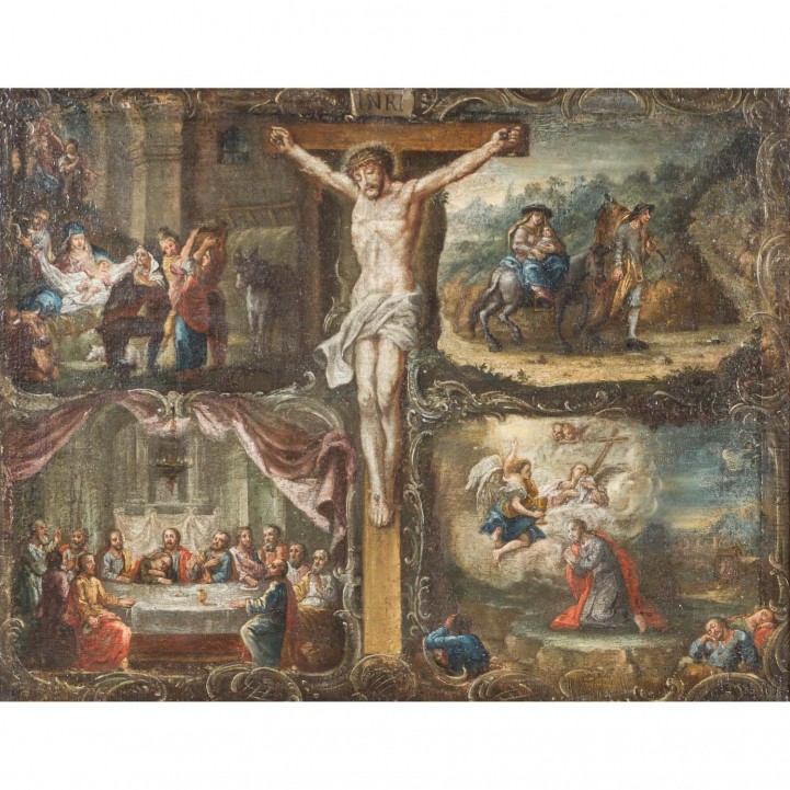 MALER des Alpenraums 18. Jh., 'Kreuzigung und vier Szenen aus dem Christusleben', 