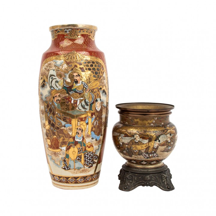 Vase und Cachepot mit Satsumadekor, um 1900 