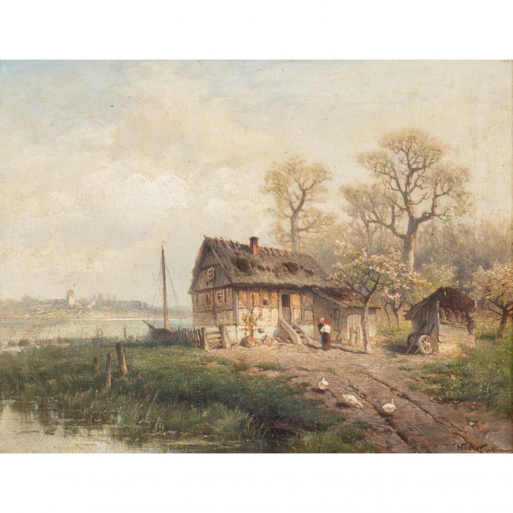 ASTUDIN, NICOLAI von (1847-1925), 'Reetgedecktes Fachwerkhaus am Flussufer', 