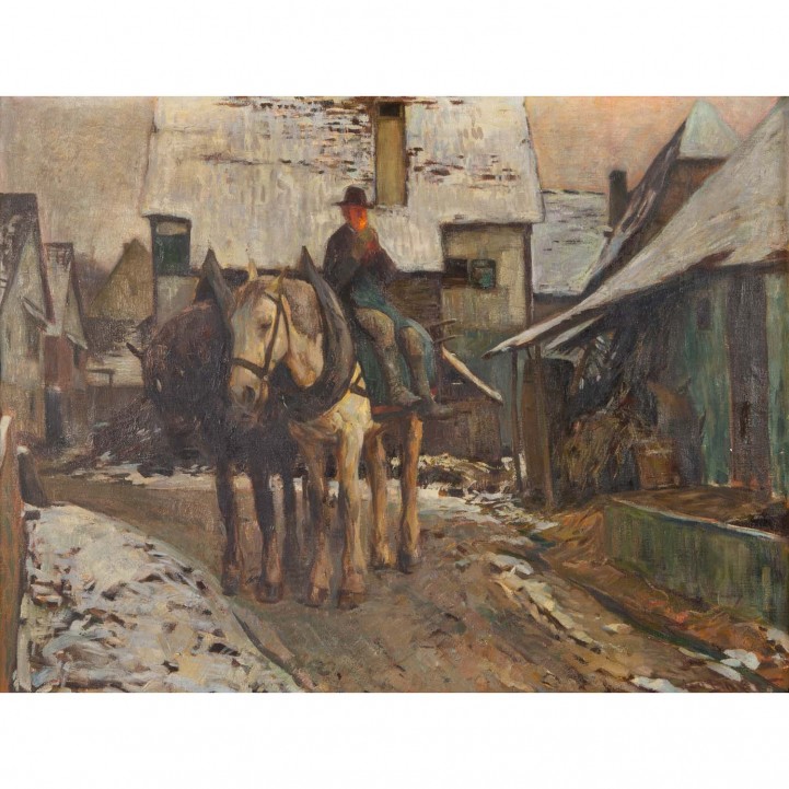 BAUER, LEO (1872-1960), 'Bauer zu Pferde in verschneitem Dorf', 