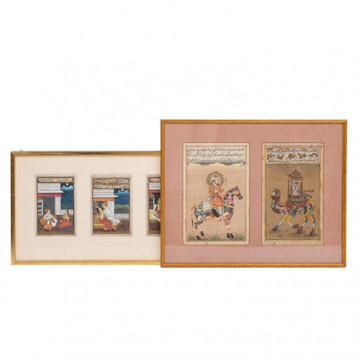 5 Miniaturmalereien in 2 Rahmen. INDIEN/PERSIEN, um 1900: 