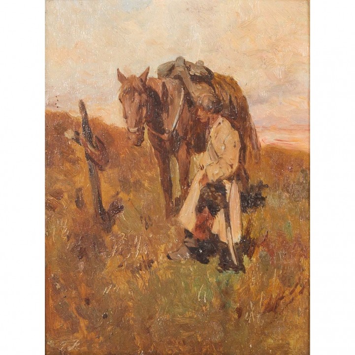 ROLLAND, Giulio, ATTRIBUIERT (1859-1913), 'Kosak neben seinem Pferd stehend', 
