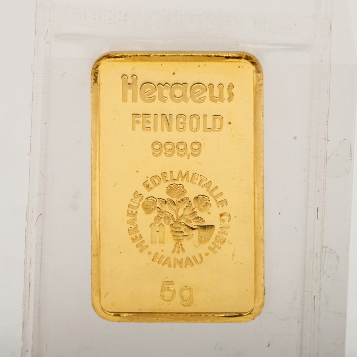 GOLDbarren - 5 g Goldbarren geprägt, Hersteller Heraeus. 