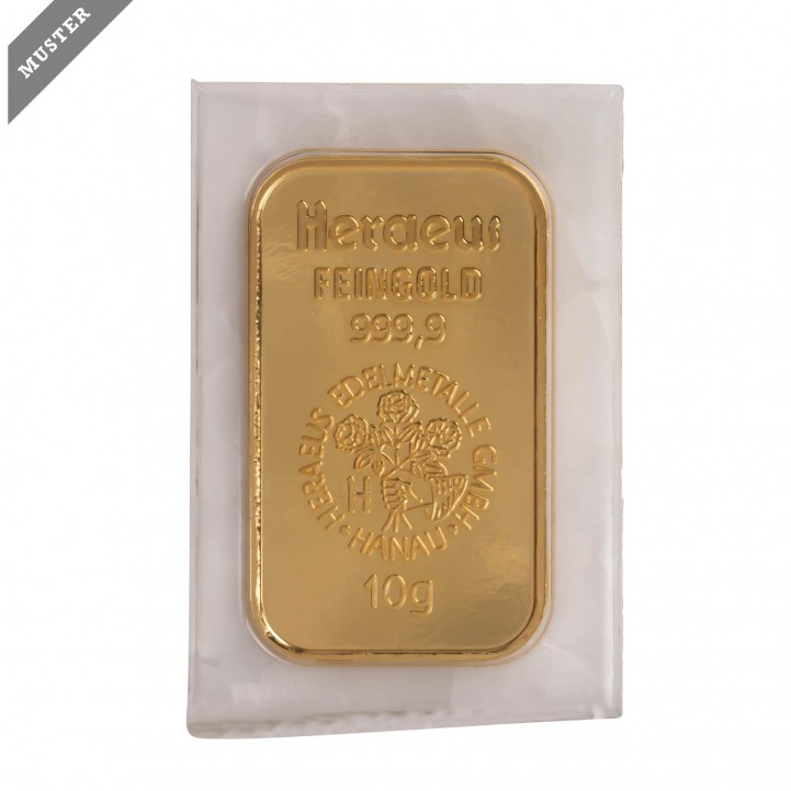 GOLDbarren - 10 g Goldbarren geprägt, Hersteller Heraeus. 