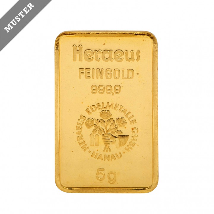 GOLDbarren - 5 g Goldbarren geprägt, Hersteller Heraeus,  