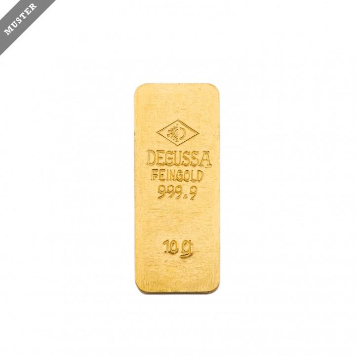 GOLDbarren - 10 g Goldbarren geprägt, historische Form, Hersteller Degussa.<br>  