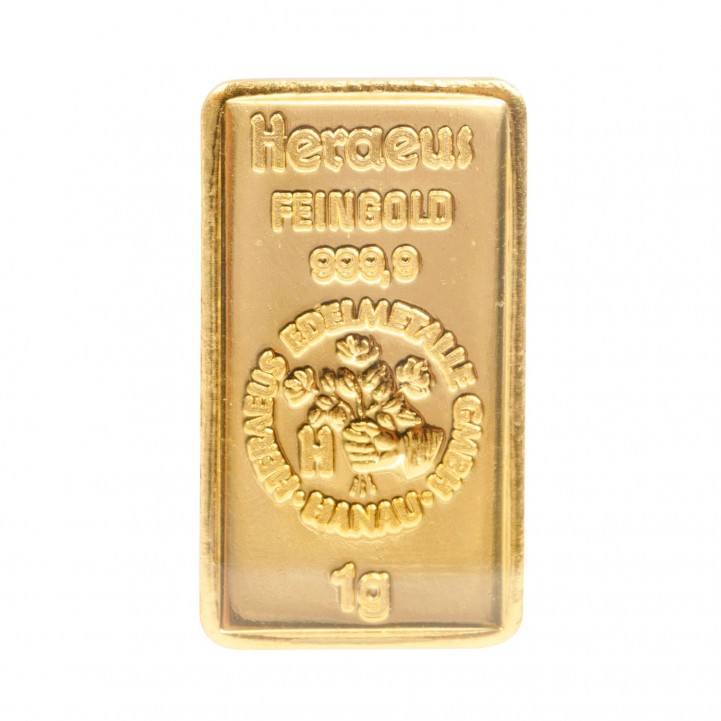 GOLDbars - 1 g gold bar minted, manufacturer Heraeus.  