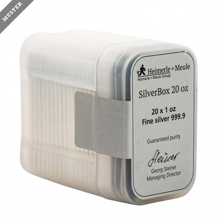 SILBERbarren - SilverBox zu 20 x 1 Unze Silberbarren geprägt, Hersteller Heimerle + Meule.  