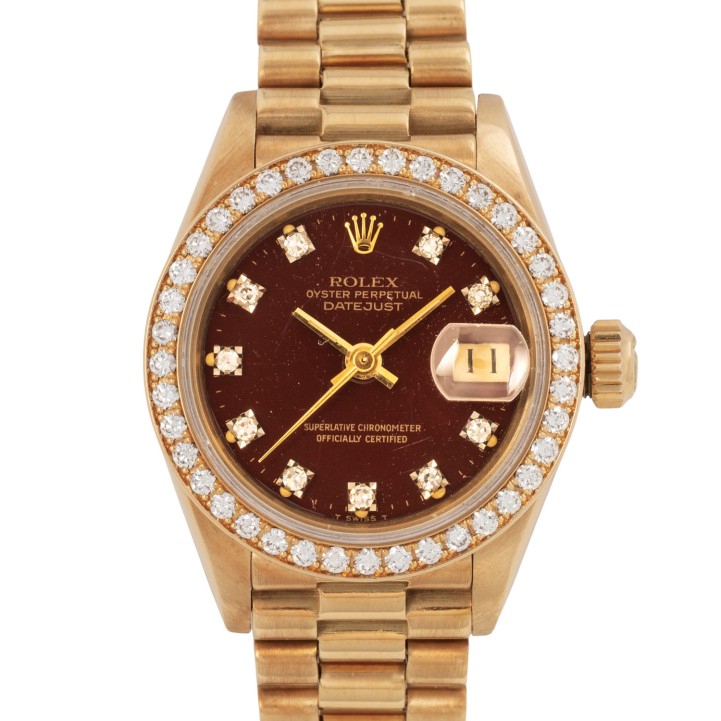 ROLEX Lady Datejust 26 seltene 'Oxblood Stella' Factory Diamonds Damenuhr, Ref. 69178. Ca. 1984. 