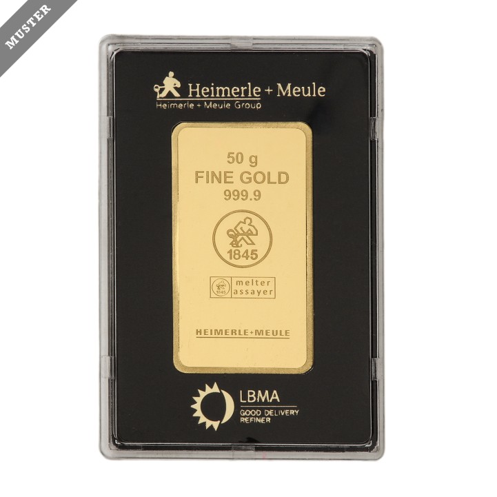 GOLDBARREN - 50g Gold fein, geprägter Goldbarren, Hersteller  Heimerle+Meule 