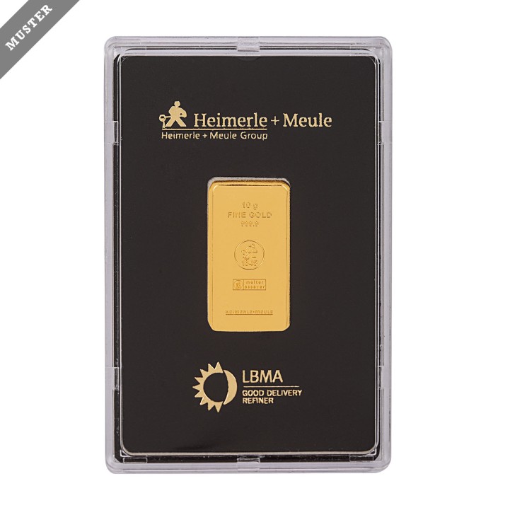 GOLDBARREN - 10g Gold fein, geprägter Goldbarren, Hersteller  Heimerle+Meule 