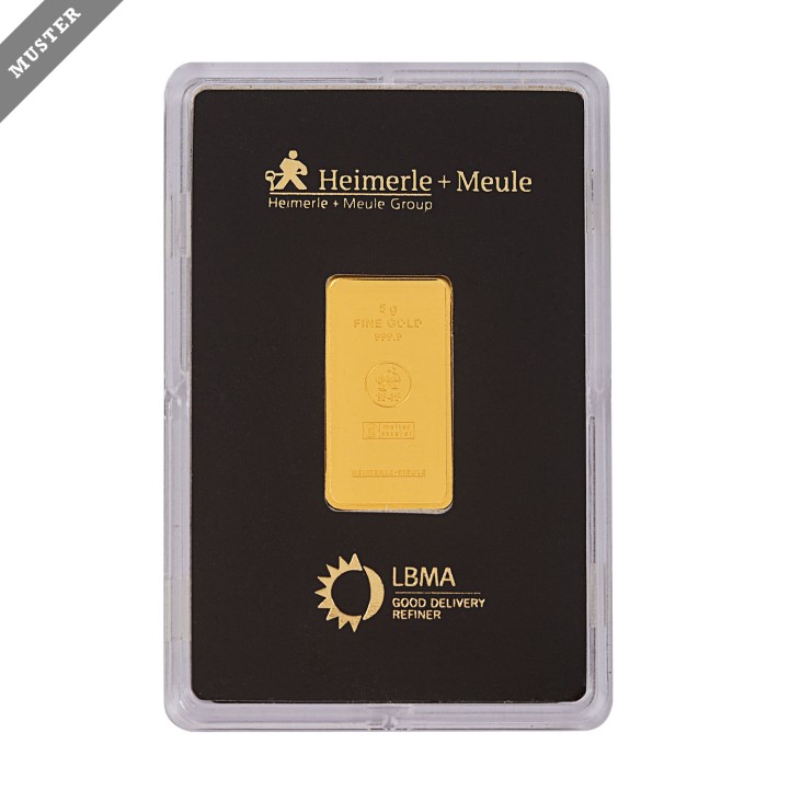 GOLDBARREN - 5g Gold fein, geprägter Goldbarren, Hersteller  Heimerle+Meule 