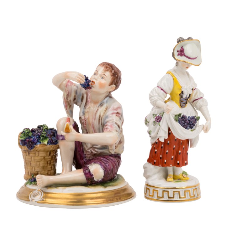 MEISSEN/VOLKSTEDT 'Winzerin' und 'Traubenesser', 19./20. Jh. 