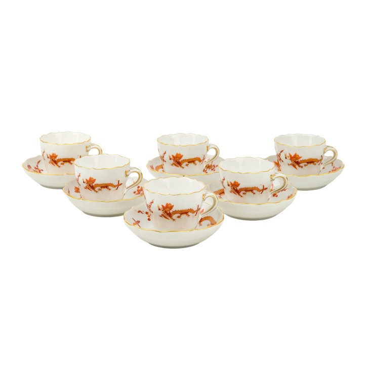 MEISSEN, 6 demitasse cups with saucers, "Hofdrache", 20th century, 1st choice  