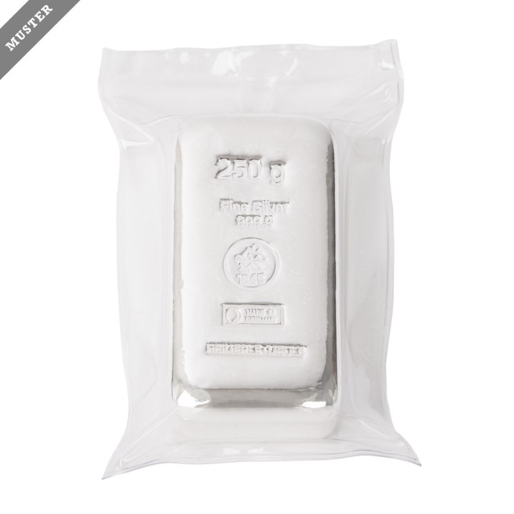SILBERBARREN - 250g Silber fein, gegossener Silberbarren, Hersteller Heimerle+Meule 