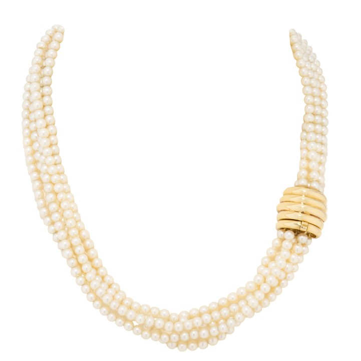 Collier, 5-reihiges Akoyaperlcollier mit Goldschließe, 