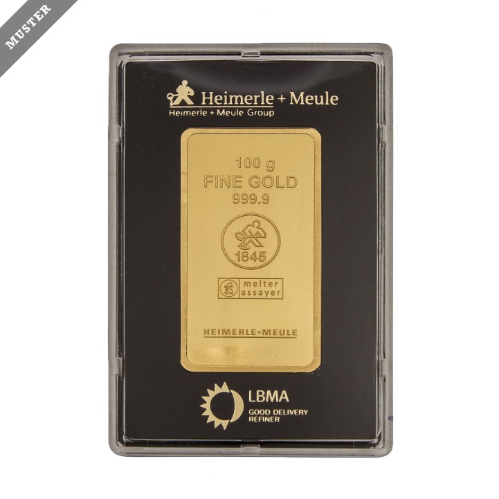 GOLDbarren - 100g GOLD fein, geprägter Goldbarren, Heimerle+Meule, 