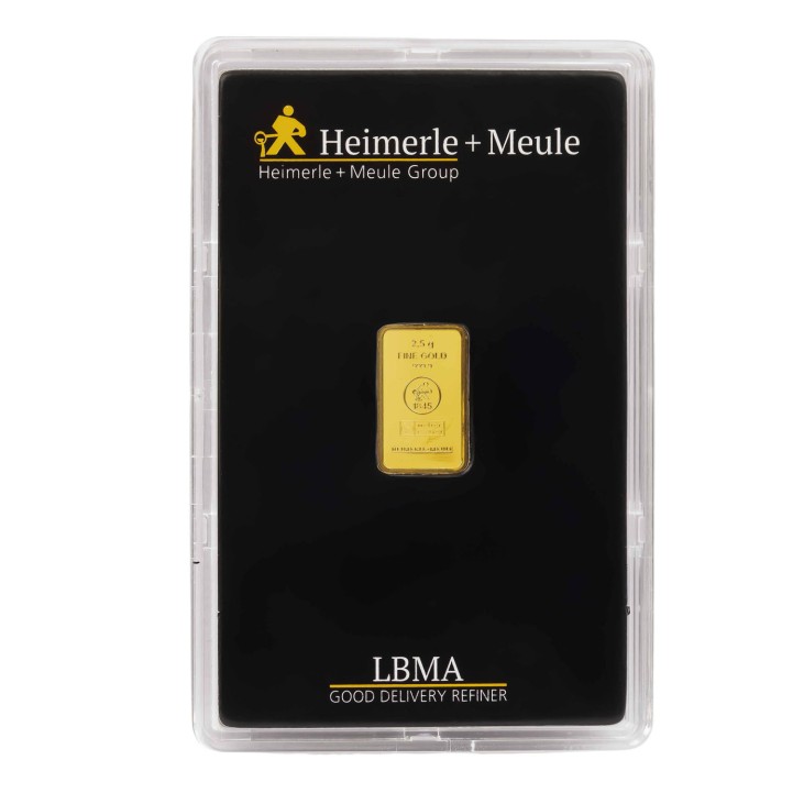 GOLDbarren – 2,5g GOLD fein, geprägter Goldbarren, Heimerle+Meule, 