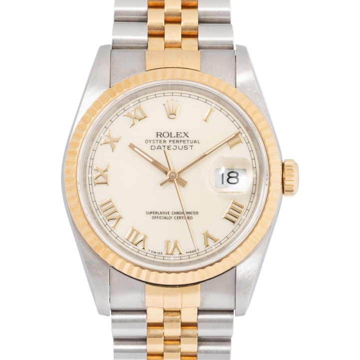 ROLEX Datejust 36 Ref 16233 'Cream Porcelain Dial' LC100 Herrenuhr von 1990. Box und Papiere. 