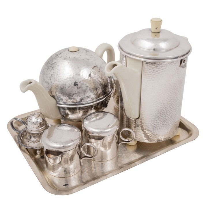 WMF 5-piece coffee and tea set on tray, circa 1940. 