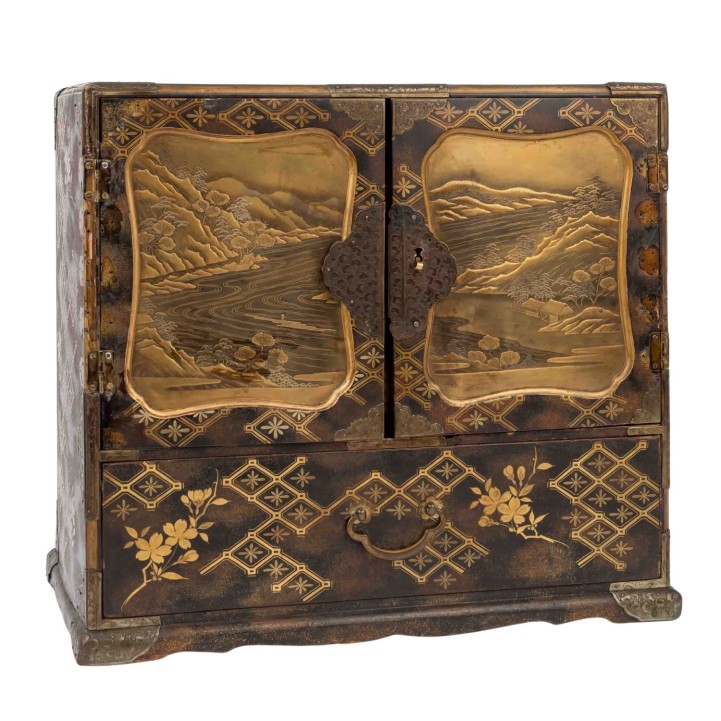 JAPAN 'Cabinet from the Meiji period with gilded lacquer and landscape scenes' late 19th century 