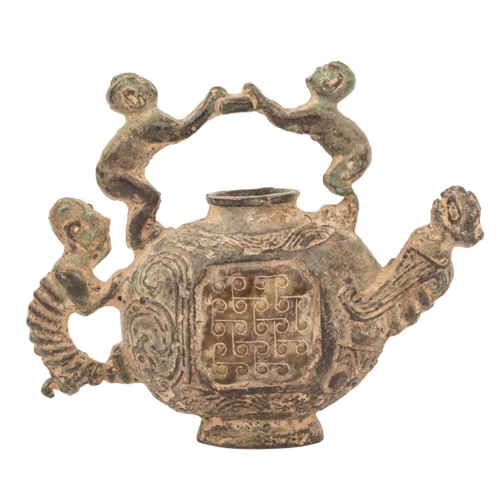 CHINA 'Bronze vessel body with figural appliqués and jade inlays'  