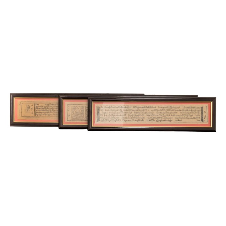 Series of 3 framed palm leaf book pages. TIBET, 