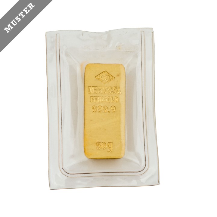 GOLDbarren – 50 g GOLD fein, Goldbarren hist. Form, Hersteller Degussa,  