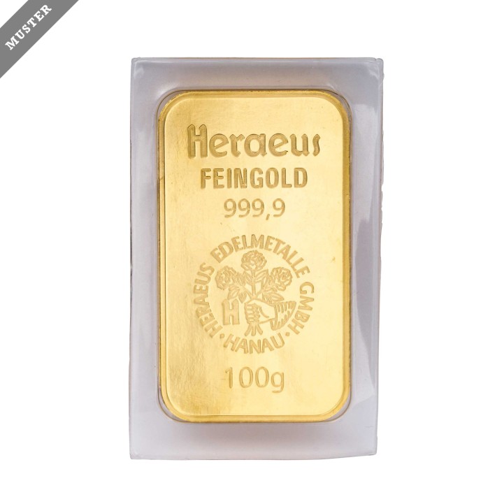 GOLDbarren – 100 g GOLD fein, Goldbarren geprägt, Hersteller Heraeus,  