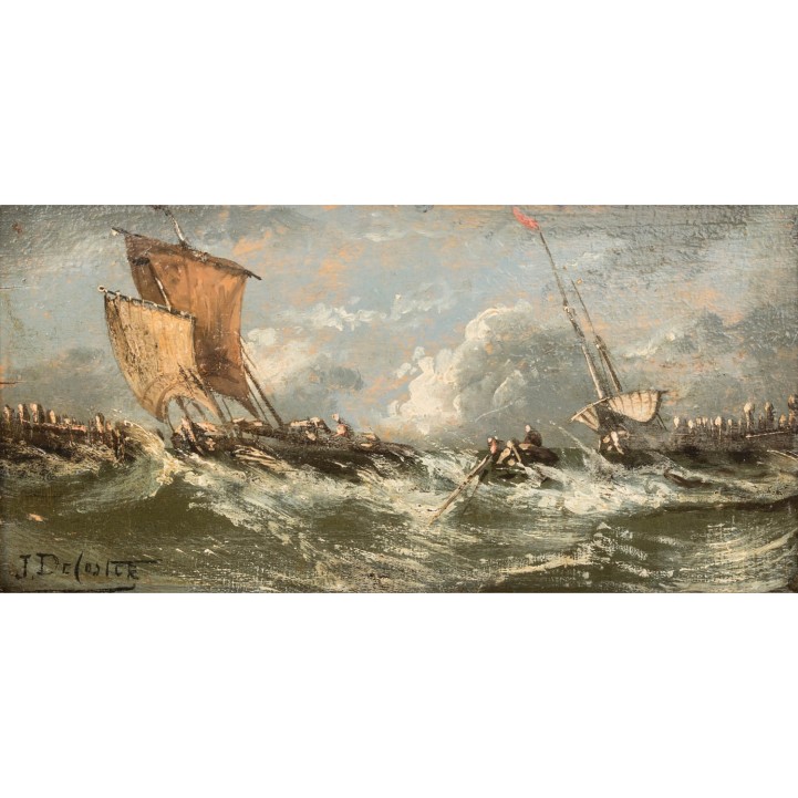 DECOSTER, J. (also de Coster, painter 19th/20th century), 'Segel- und Ruderboote in stürmischer See',  
