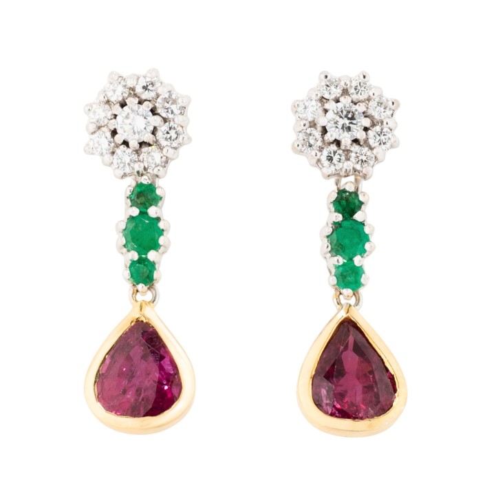 Paar Ohrhänger mit Rubinen und Smaragden  